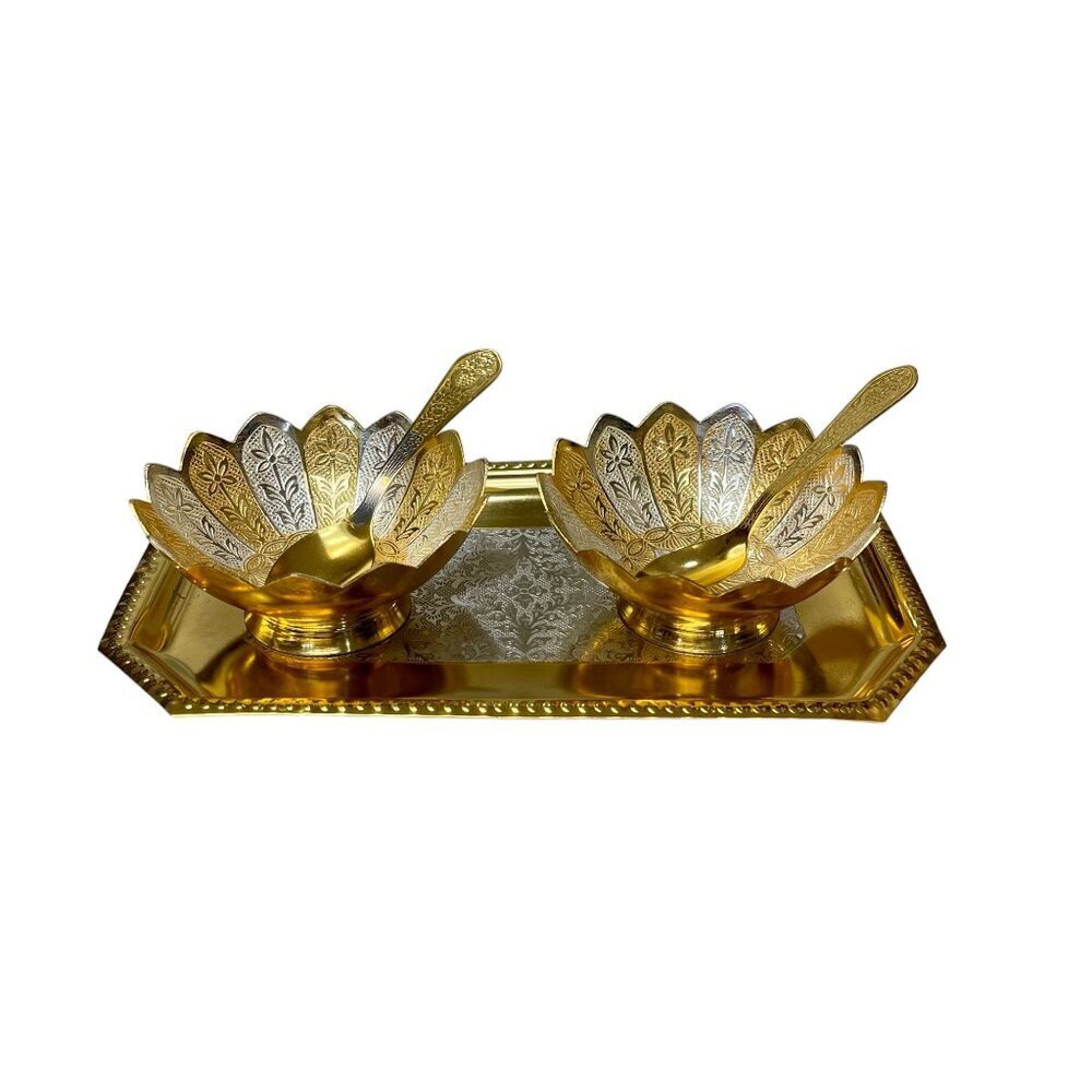 Rare Indian 5 Pc Gold and Silver Flashed Metal Sauce Set in Velvet Box Vintage - Picture 4 of 12